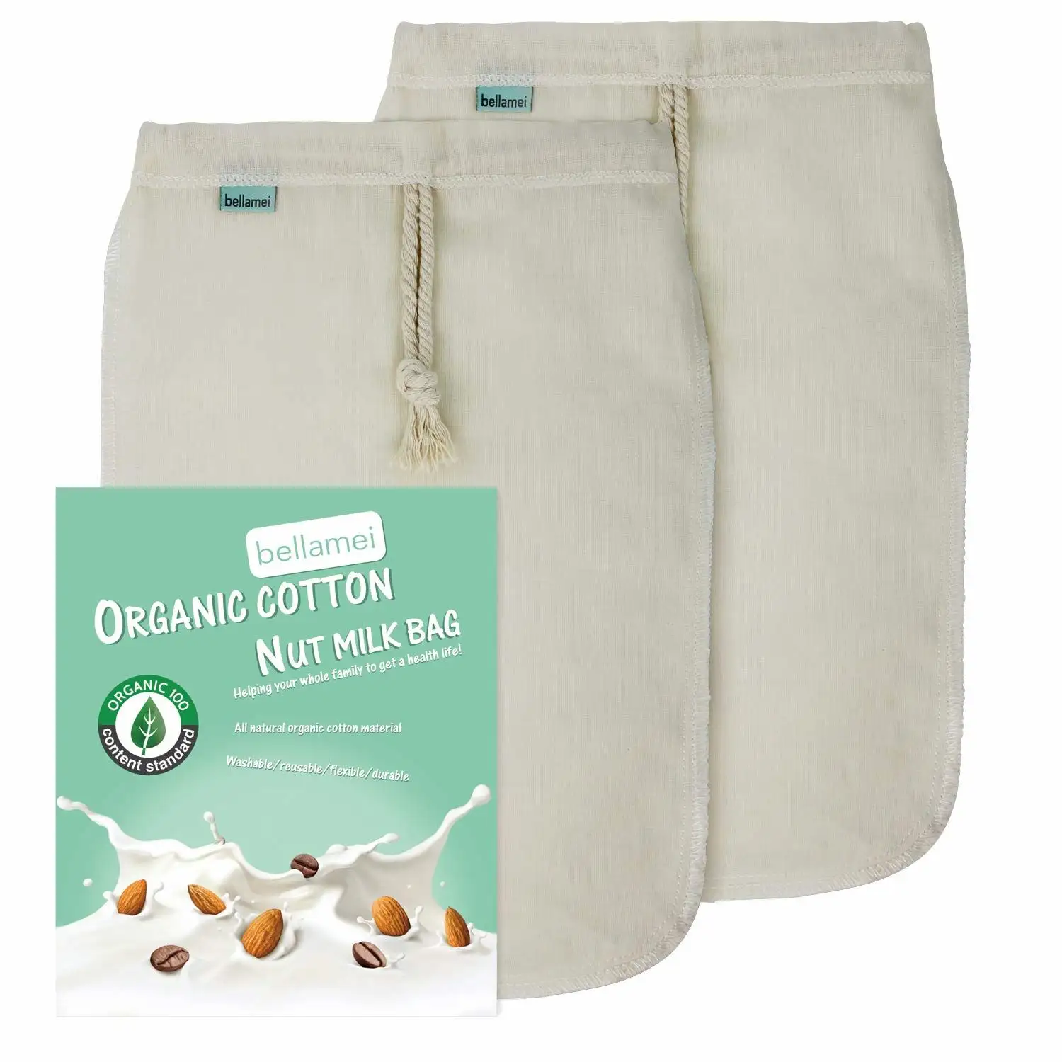 Nut Milk Bag Reusable Certified Organic Cotton Nut Bags for Almond Milk Juice Cold Brew Coffee Tea Yogurt Cheese Bone Broth