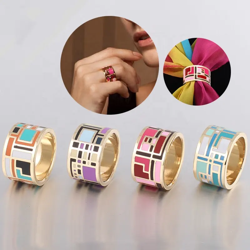 Modern jewelry stainless steel gold big colorful enamel scarf finger rings for women