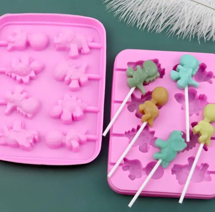8 lỗ dễ thương khủng long động vật Silicone sô cô la khuôn Lollipop Kẹo cứng Khuôn nướng công cụ tái sử dụng khuôn nhựa