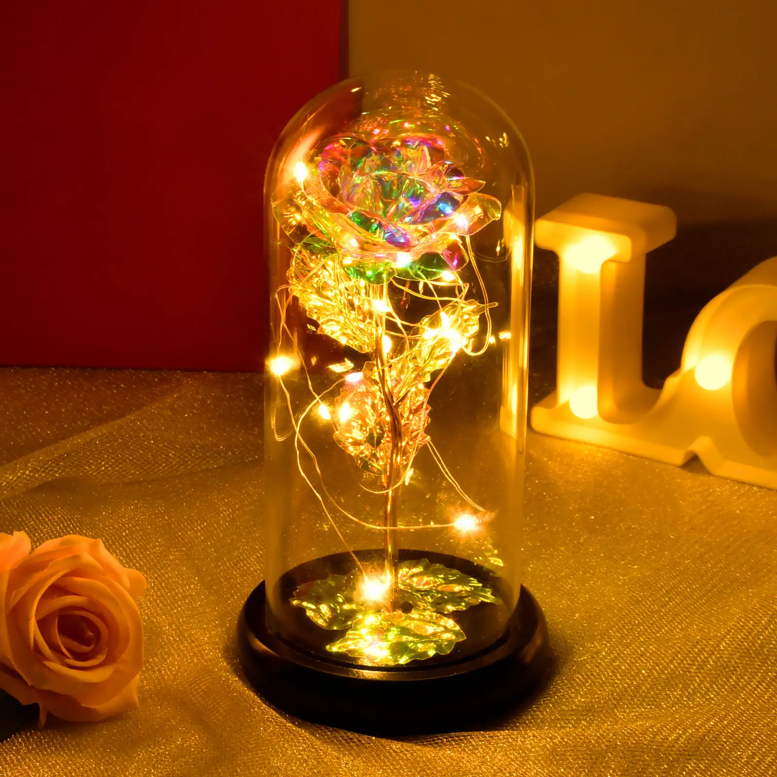 인공 갤럭시 꽃 장미 선물 램프 장미 유리 돔 생일 어머니의 날 선물 엄마 여자 친구