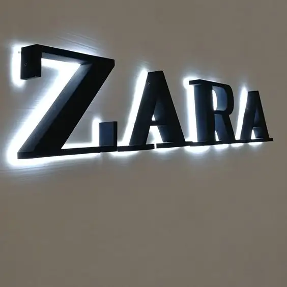 شعار الأعلى مبيعًا في 2024 للأماكن الخارجية المصنوعة من الفولاذ المقاوم للصدأ للأعمال الداخلية والجدار مع إضاءة خلفية ثلاثية الأبعاد حسب الطلب من ZARA مع حروف LED