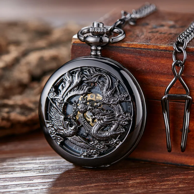 Механические карманные часы в стиле ретро, часы-брелок с драконом, шариком, скелетом в стиле стимпанк, ручным ветром и цепочкой, подарок для охотника