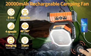 מאוורר חיצוני נטענת 20000mah שליטה מרחוק ניידת 4 במהירות מאוורר נייד יכול לתלות צינור אור מאוורר