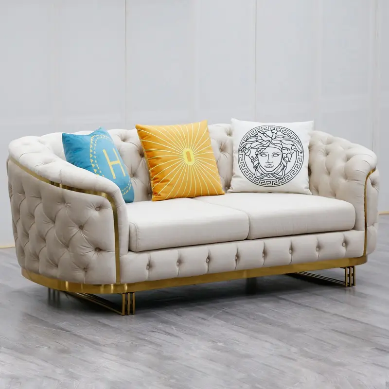 2023 NEUES Design Leder Chesterfield Wohnzimmer Sofa mit Gold Edelstahl rahmen Luxus Samt Loves eat Sofas