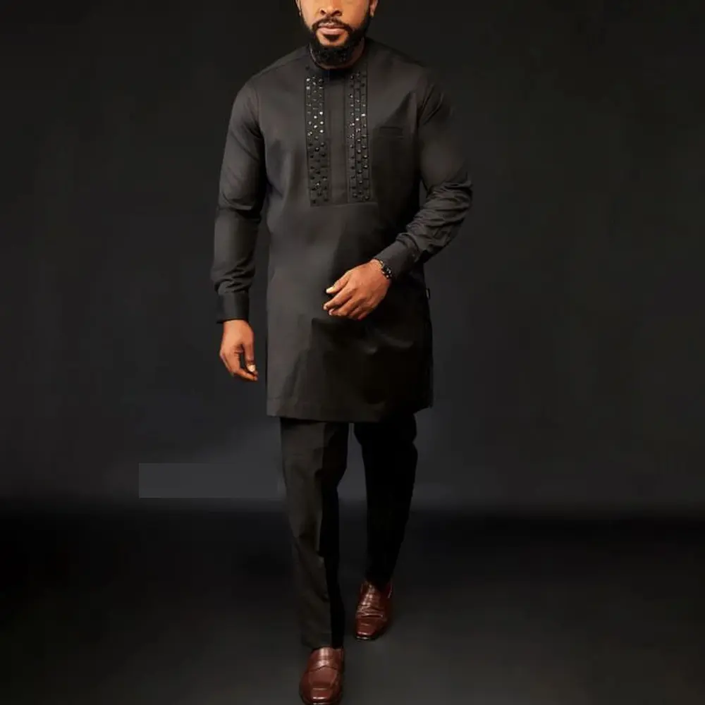 Solid Color Slim Fit Simple Long Sleeve Plus Size Islamic Clothing Men Suits Africa Ethnic Style Muslim Casual 2 Piece Robe Sets