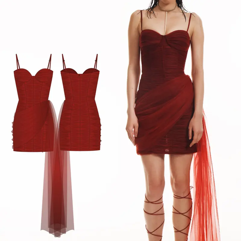 Vestidos elegantes de noche de fiesta personalizados para mujer, vestidos de tul rojo, vestidos de cóctel, minivestidos de noche rojos sexis PARA CENA DE MUJER