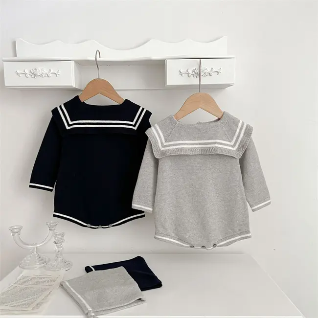 1Pcs Custom Logo RTS Autumn Newborn Infant Toddler Clothing Sailor Collar Knitted Plain Bodysuit Clothing Girls Baby Romper