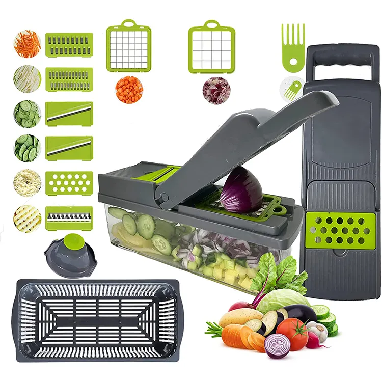 Rebanadora de verduras de cocina, picadora de verduras 14 en 1, frutas, herramientas para verduras, contenedor de picadora de alimentos multifuncional Manual