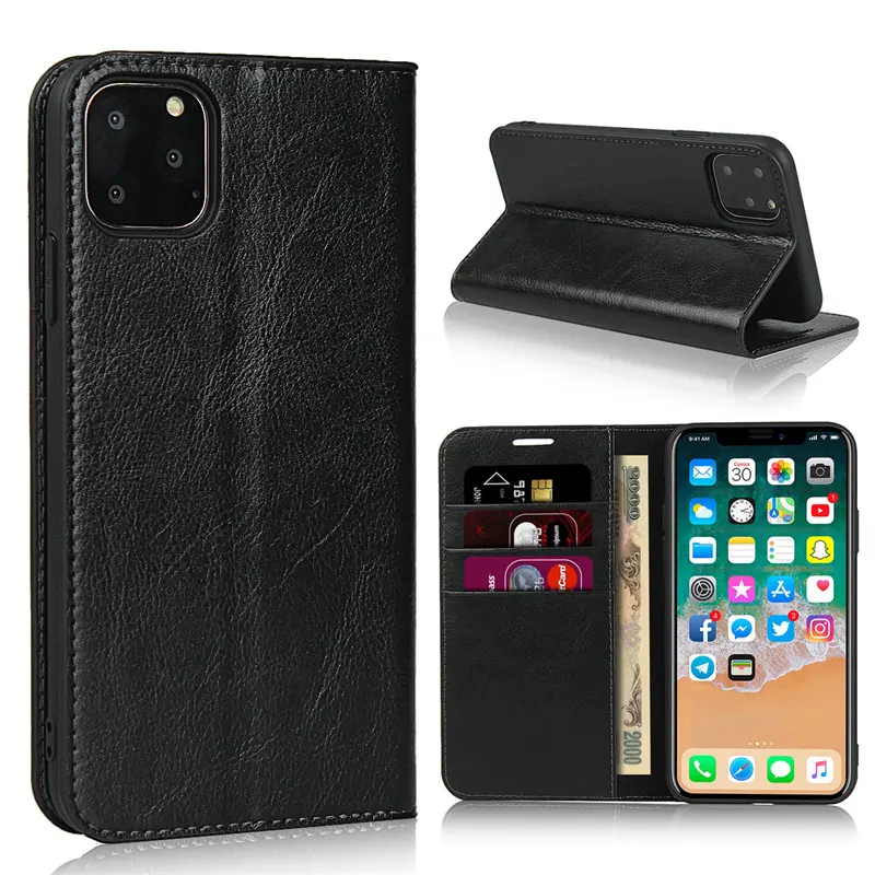 Luxus Crazy Horse Textur echtes Leder Brieftaschenetui für iPhone 12 13 14 15 Pro Max Karten Slots Kickstand Flip-Off