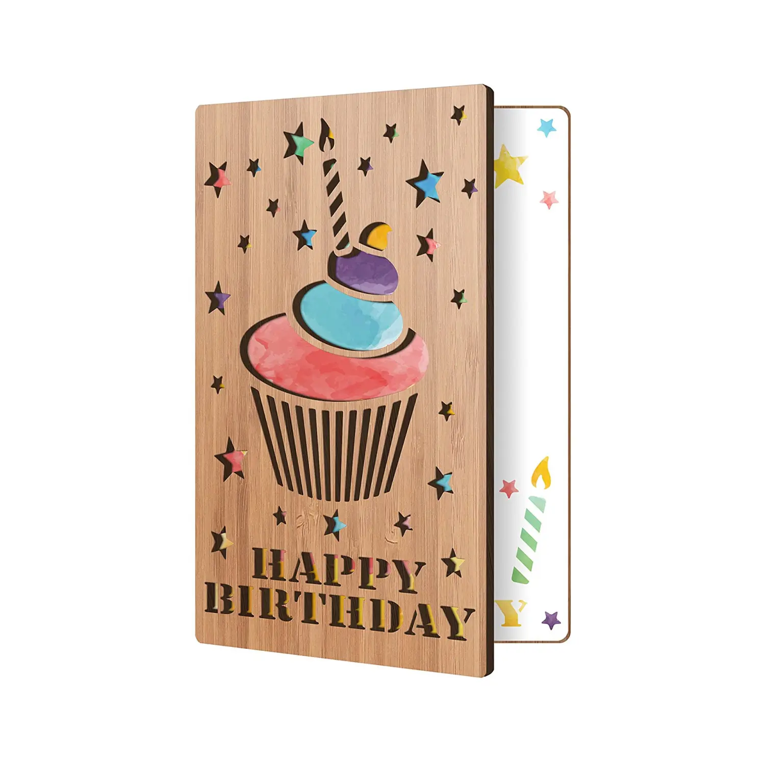 Tarjeta de invitación de cumpleaños DISEÑO DE Cupcake hecho a mano, tarjetas de felicitación de madera de bambú real, regalo perfecto