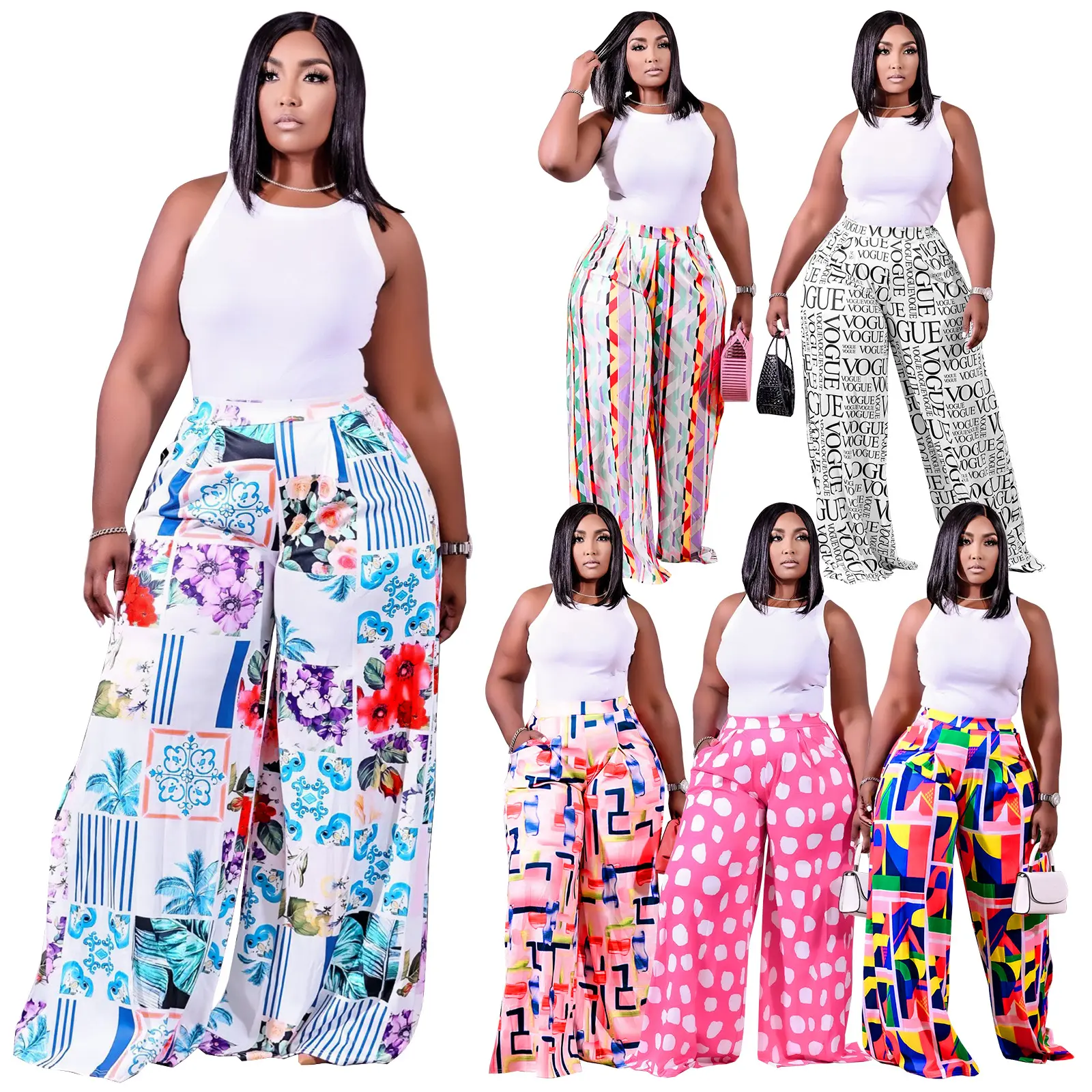 Pantalones largos informales con estampado Floral multicolor para mujer, pantalón de pierna ancha con cordón elástico, holgado, para verano