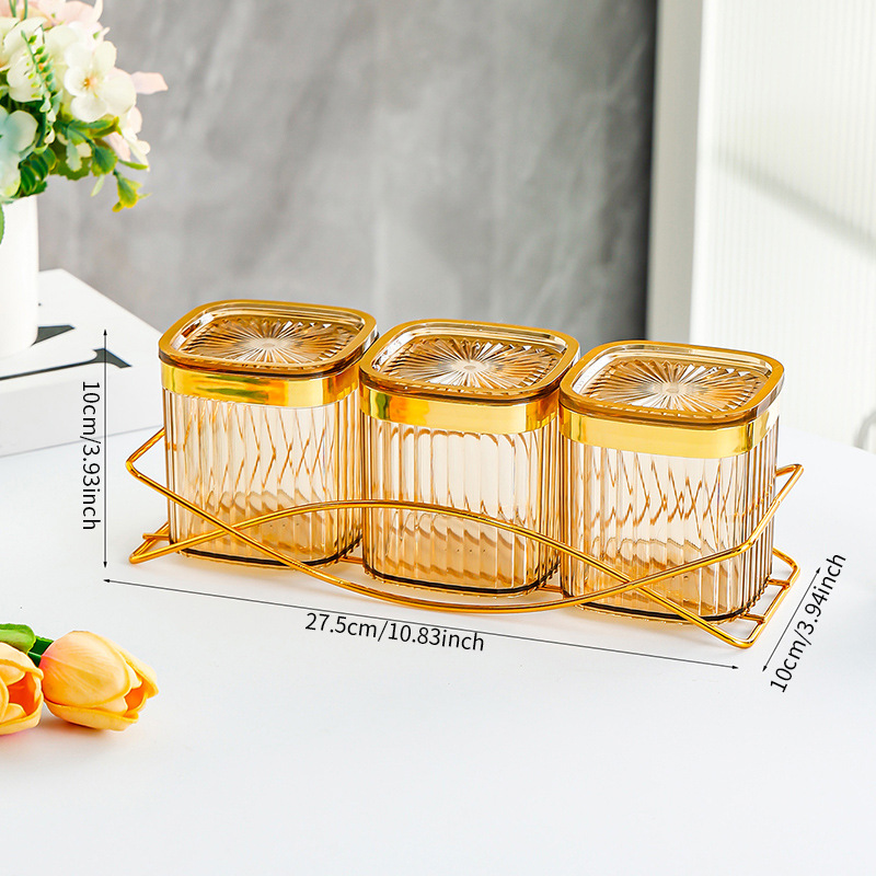 C-shaped shelf, amber-rimmed, 3-square airtight jar