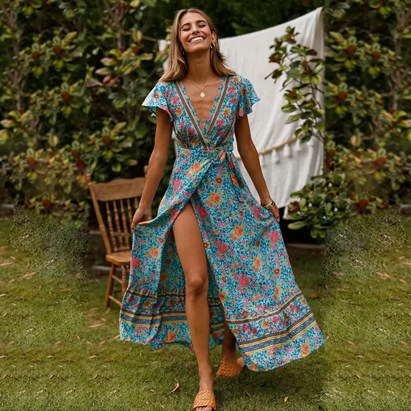 2019 New Dress Bohemian Print Big Swing V-Neck Beach Holiday Maxi Dress