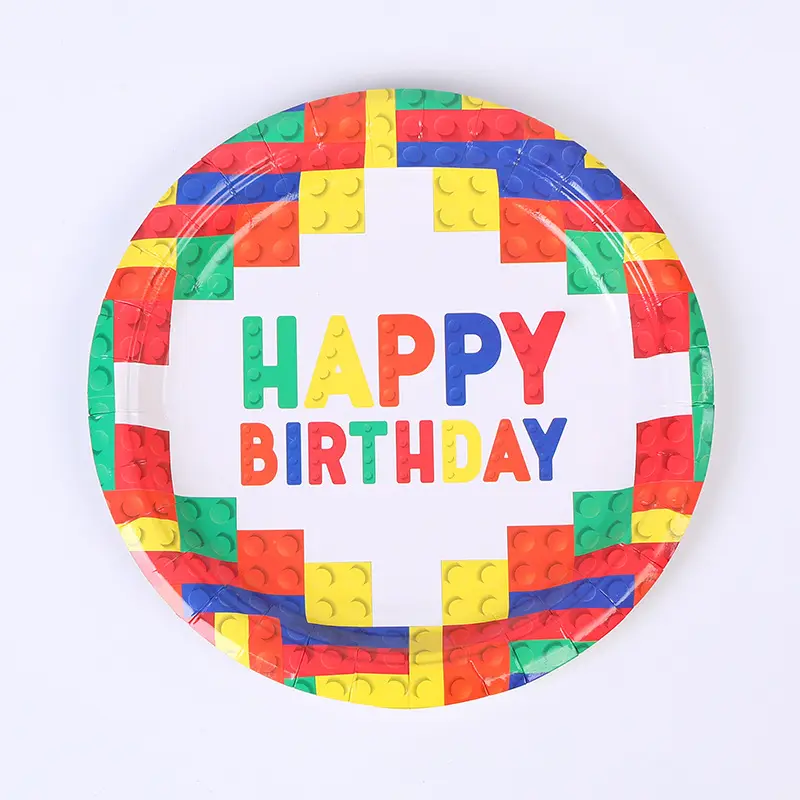 Juego de vajilla para fiesta de cumpleaños, decoración para fiesta, bloques de construcción, diseño de placa de papel, taza, servilleta, mantel, banner