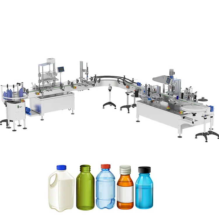 Una linea di confezionamento chiavi in mano completa per riempitrice e tappatrice per bottiglie di liquidi per tutta la linea di bottiglie ed etichettatrice