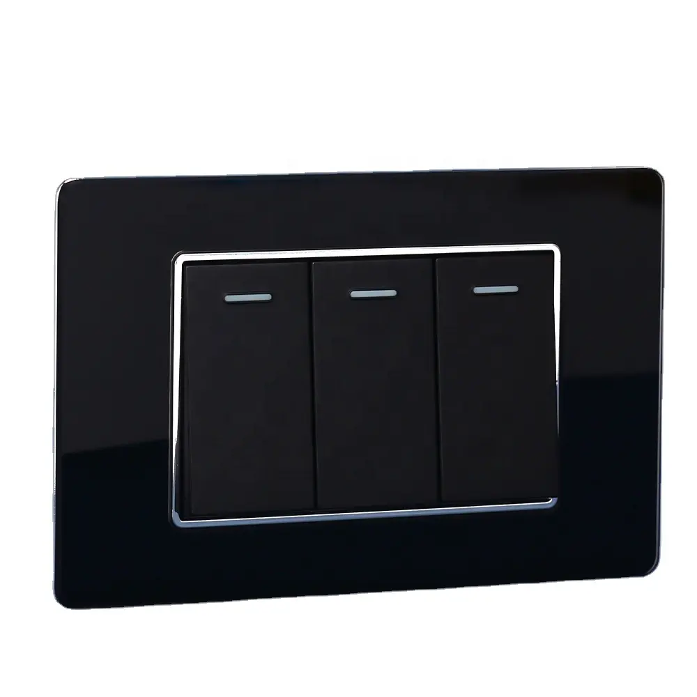 Panel kaca temper tipe 118 saklar lampu dinding 3 Gang tenaga listrik warna hitam abu-abu emas untuk pasar Amerika