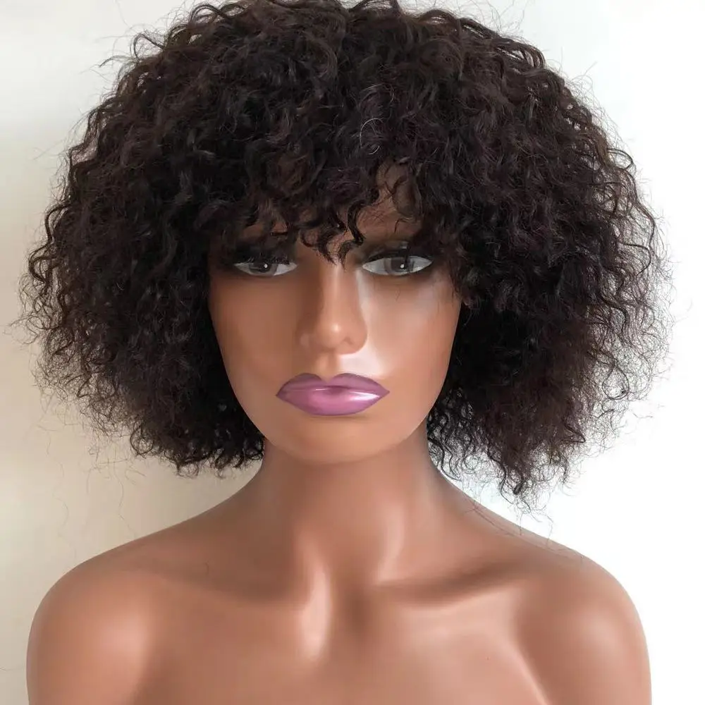 Vente en gros Afro Curly Bob Perruques avec Frange 150 densité Glueless Short Curly Indian Perruques pour les Femmes Noires Perruque de Cheveux Humains