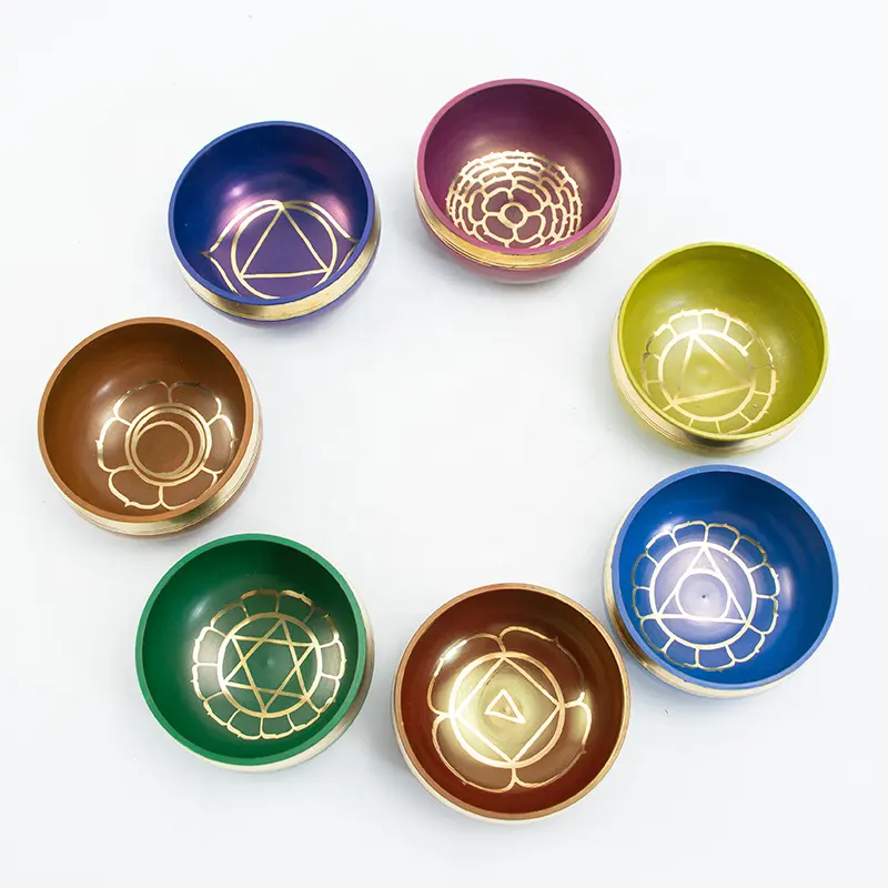 Venda quente 7pcs Chakra Colorido Símbolo Tibetano Cantando Bowl Set