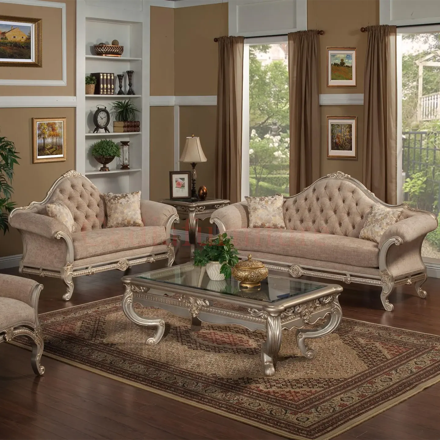 Sofá de tela de diseño árabe, sofá de madera con mesa central, diseño de madera maciza, juegos de sofás de tela para sala de estar
