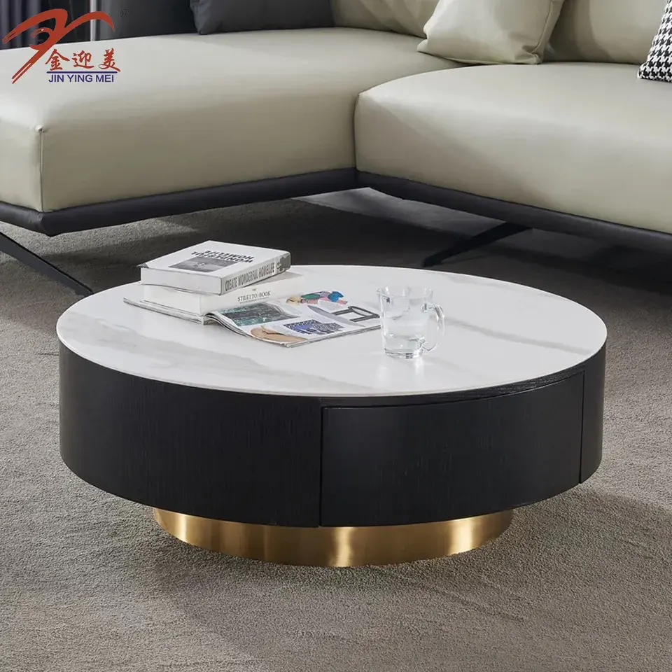 नई आधुनिक कॉफी टेबल आधुनिक गोल काले संगमरमर कॉफी टेबल के साथ ठोस लकड़ी भंडारण