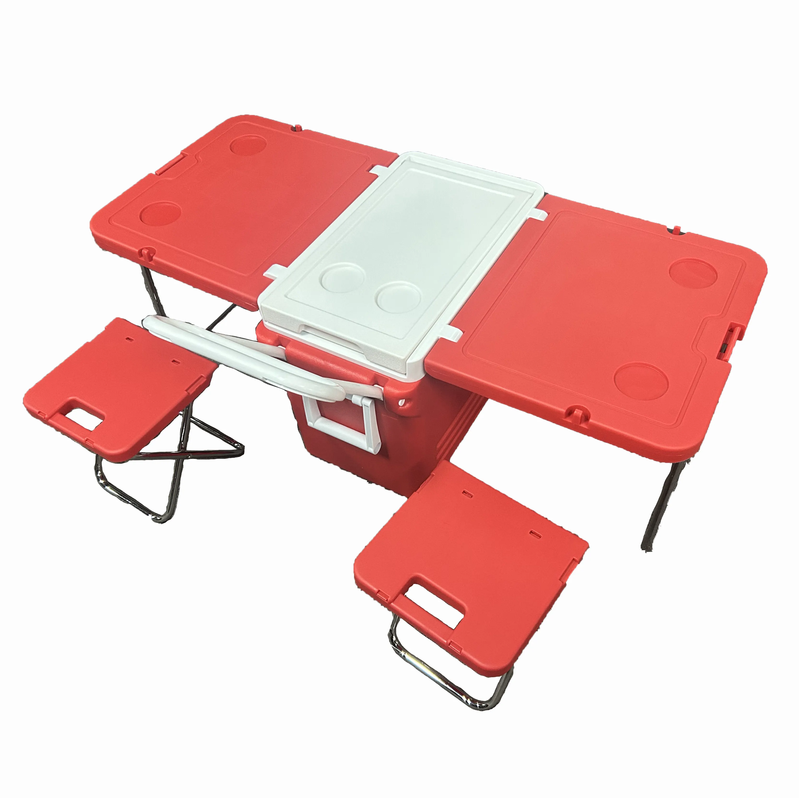 กล่องแช่เย็นแบบพกพาสำหรับตั้งแคมป์พร้อมโต๊ะพับได้และเก้าอี้กลางแจ้ง32L
