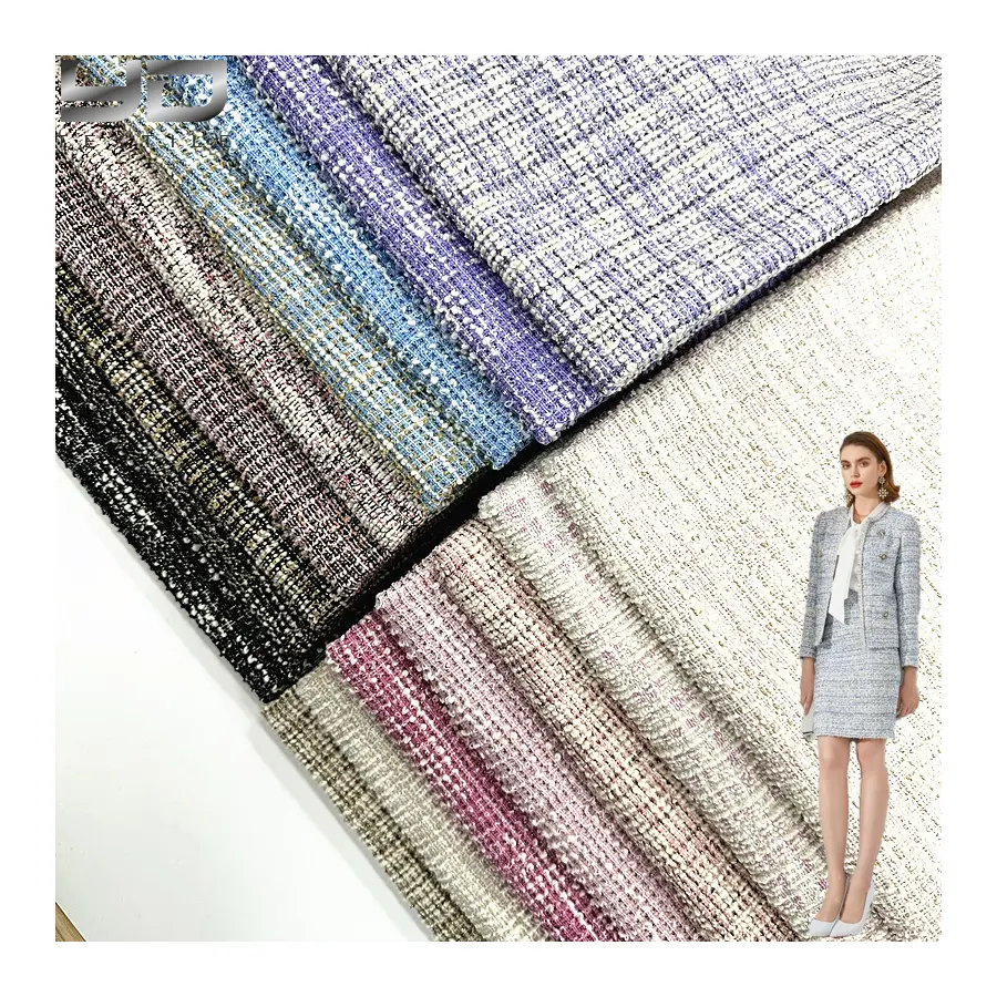 Wholesale OEM Customizable Polyester Cotton Metallic Lurex Yard Dyed Knit Tweed Fabric For Women Overcoat