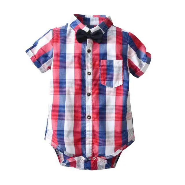 Summer baby short sleeve romper newborn clothing gentlemen wear out plaid jumpsuits