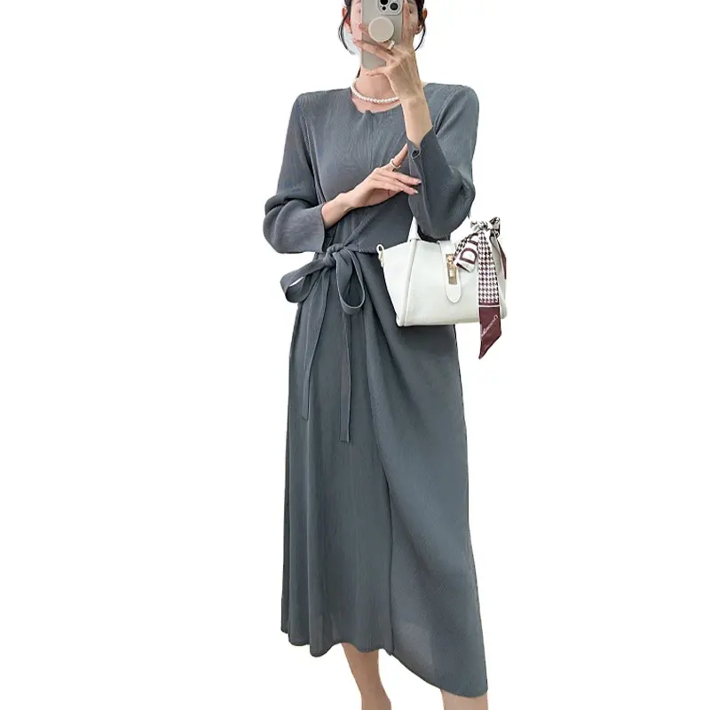 Printemps et automne robe femmes manches longues mince et confortable noué jupe plissée naturel tissé Simple 100% Polyester ODM