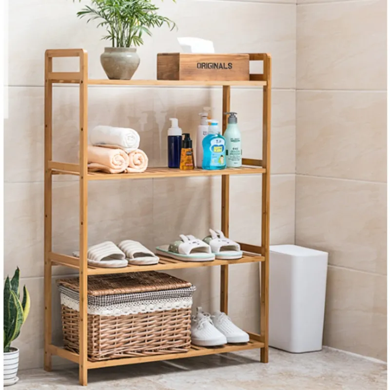Prateleira de bambu multicamadas organizadora para toalhas, prateleira de banheiro com ajuste de altura e camada