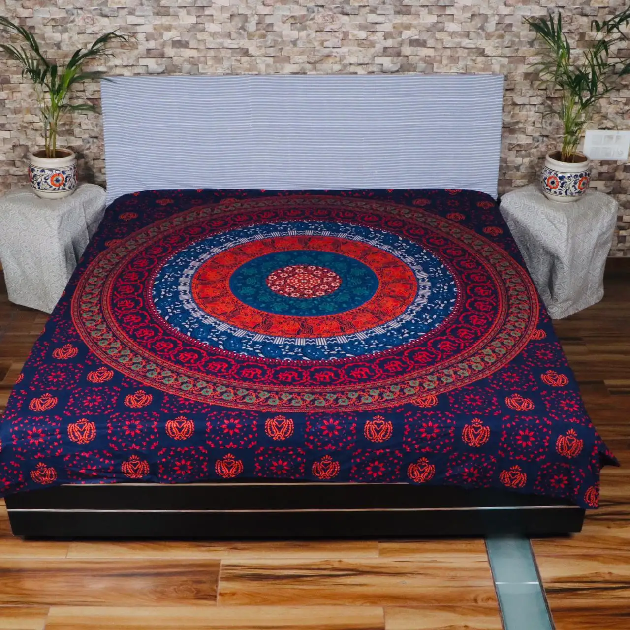 Hint el işi çift yatak çarşafı pamuklu kumaş el bloğu baskılı çiçek tasarım çarşaf stok ile