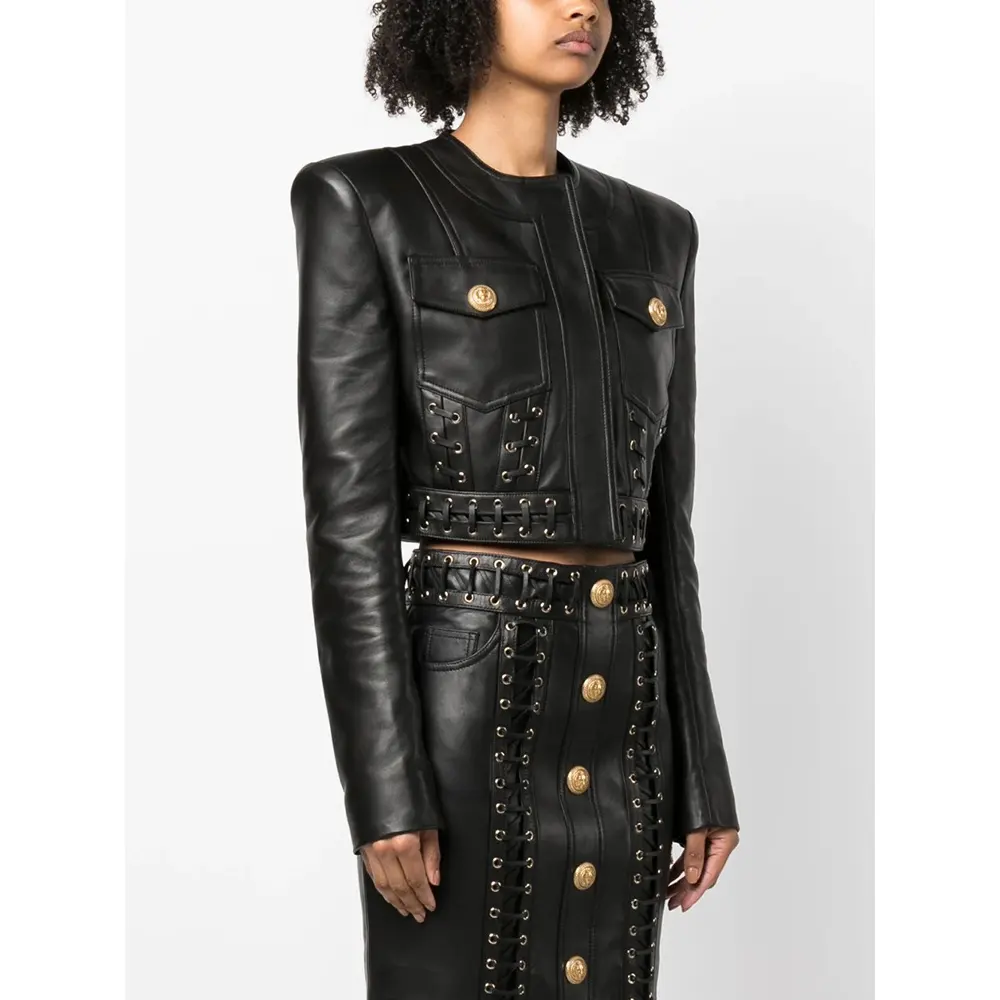 HIGH STREET nouvelle mode 2023 Designer Blazer femmes col rond corde à lacets garni veste en cuir artificiel