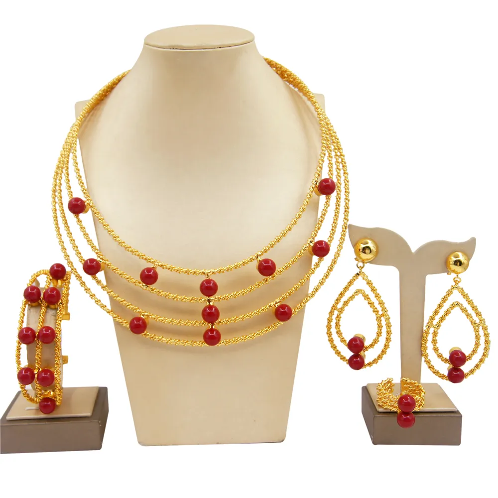 Оптовая продажа, свадебные аксессуары, бижутерия для костюма в античном стиле, бразильское позолоченное многопользовательское ожерелье с красным пером, комплект ювелирных изделий
