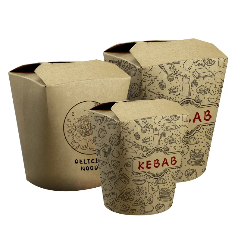 Recipiente descartável biodegradável para levar comida, macarrão de papel Kraft, macarrão para viagem, caixa de entrega
