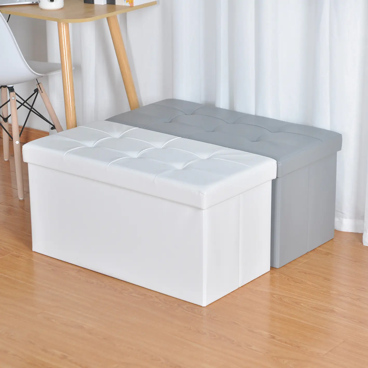 Taburete de cuero plegable para reposapiés, taburete moderno otomano rectangular para ahorro de espacio en sala de estar, color blanco