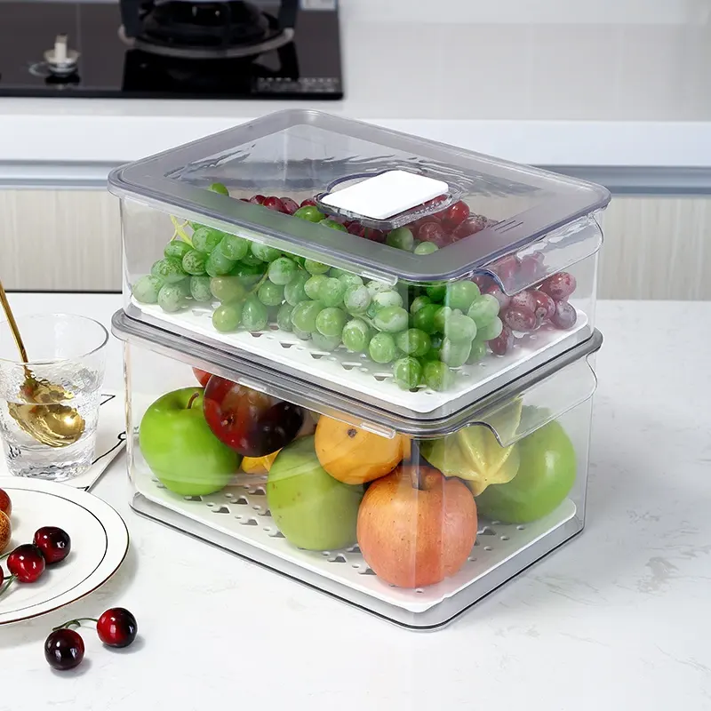 Transparent PET empilable garder frais en plastique 2 pièces ensemble réfrigérateur boîte de rangement des aliments réfrigérateur organisateur avec drain borad