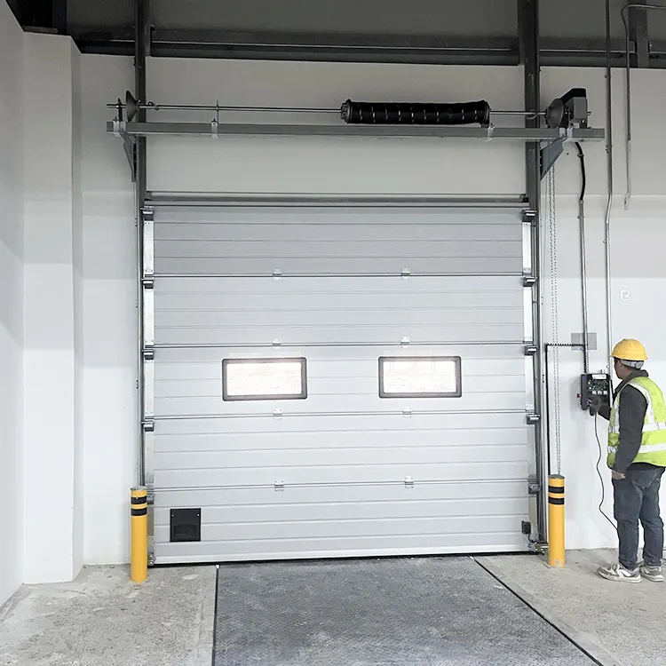 Gran oferta, puerta de elevación seccional industrial, puerta seccional superior de aluminio, puerta seccional automática con ventanas visuales