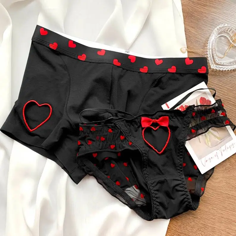 YHYT nuevo corazón impreso pareja ropa interior Sexy mujeres hombres cintura baja calzoncillos transpirable Boxer bragas novio novia Lencería