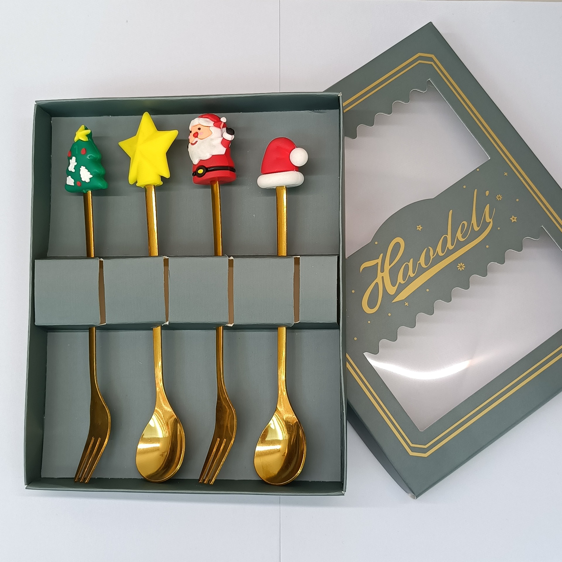 Coffret doré vert poli machine de 4 fourchettes et cuillères