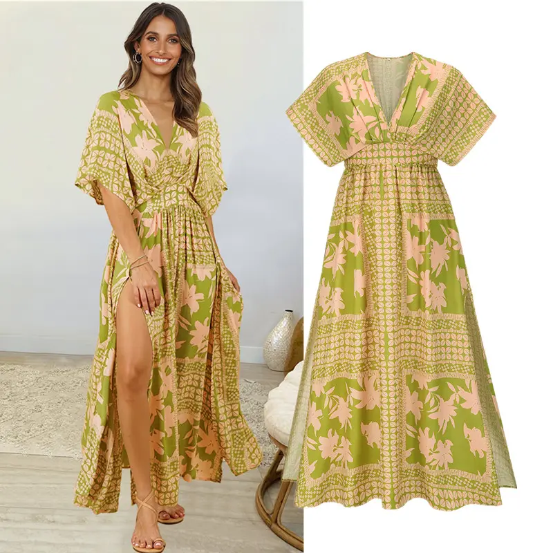 Floral Printed V Neck Casual Vacation Beach Dress Women A Line Dress Holiday Maxi long Dress