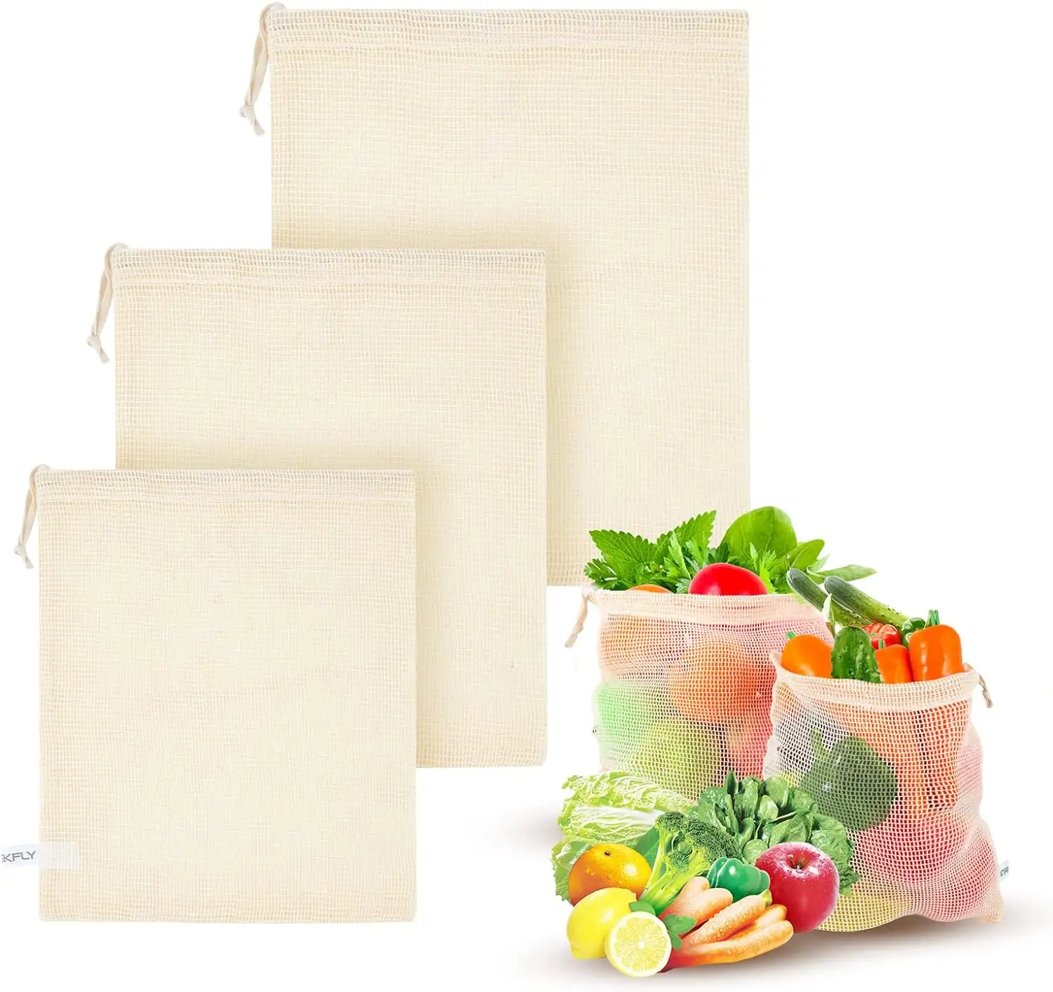 حقيبة برباط مصنوعة من القطن الطبيعي الشبكي وتُستخدم لتغليف الخضروات والفاكهة للبيع بالجملة