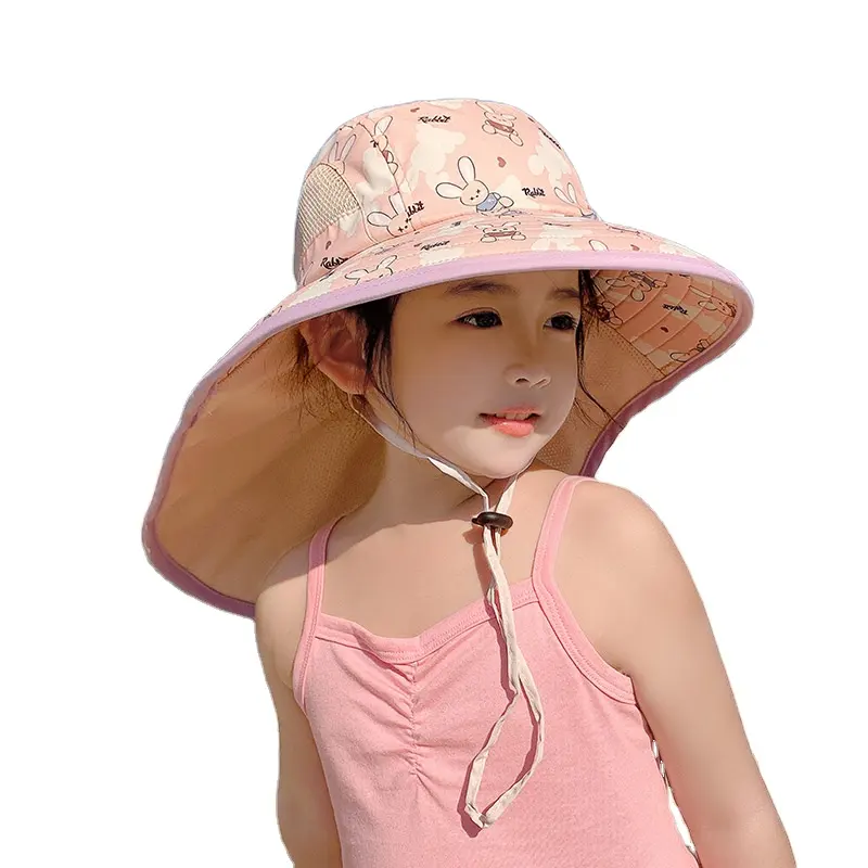 Crianças Sun Hat Proteção UV Verão Praia Balde Chapéus Aba Larga Pescoço Flap Proteção Pescoço Cap Pescador para Crianças 3-10Years