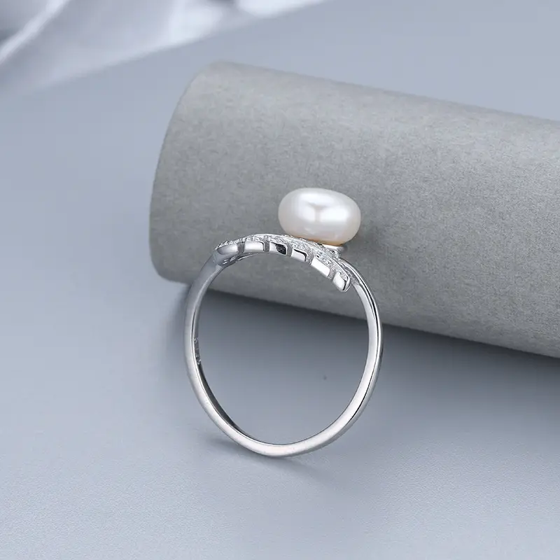 Anillo de perlas de plata S925 con borde cruzado, anillo de hoja creativo de moda ajustable para mujer, fabricante de joyería de pulsera vacía DIY