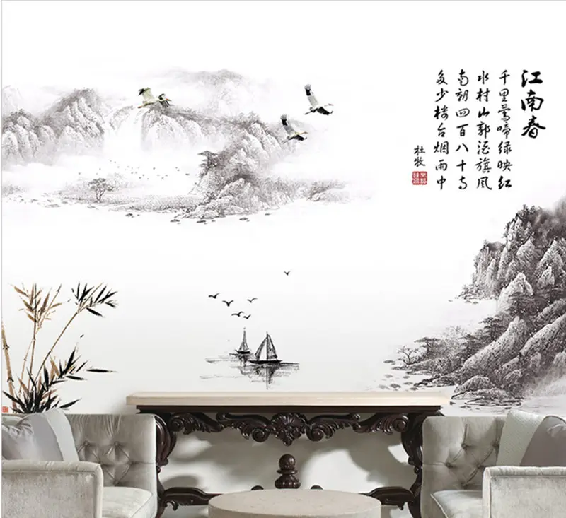 Estilo chino pintura de paisaje pegatinas de pared para dormitorio Venta caliente decoración papel TV sofá Fondo pared Mural de la pared