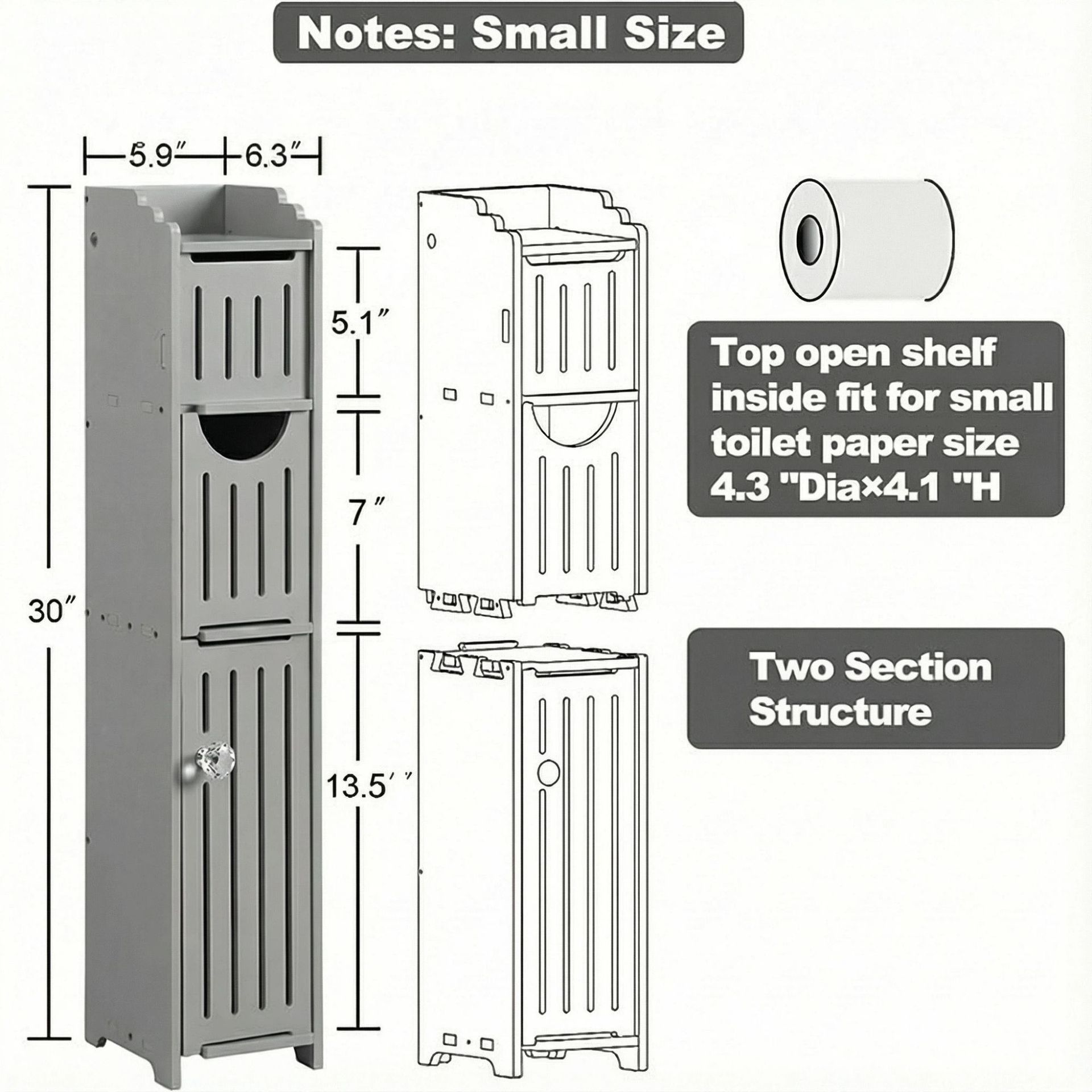 Narrow Toilet Cabinet (Split Triple Doors) | Grey, 76*17*17cm