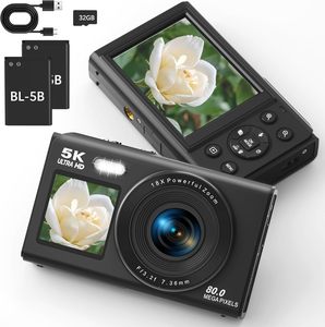 5K 80MP Digital <strong>Camera</strong> with Fill Light&amp;16X Zoom Dual Screen Vlogging <strong>Camera</strong> for YouTube/BloggingWiFi32GB <strong>2</strong> Batteries, <strong>2</strong>.8&quot; LCD, - Product Image 1