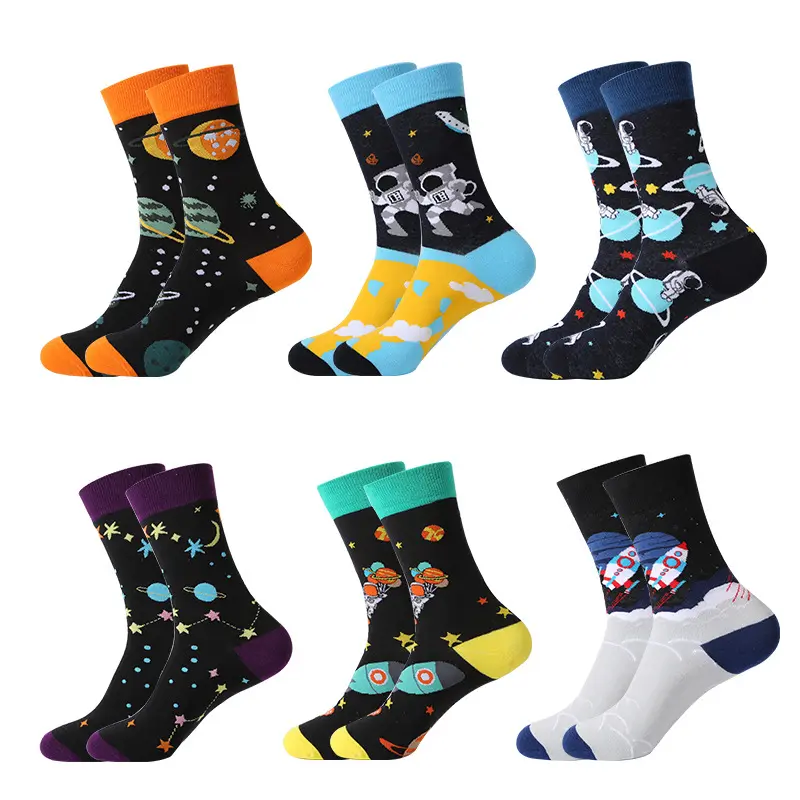 Erkekler pamuklu mutlu mürettebat çorap yüksek kaliteli evren astronot çorap toptan özelleştirilmiş Logo koşu spor çorapları