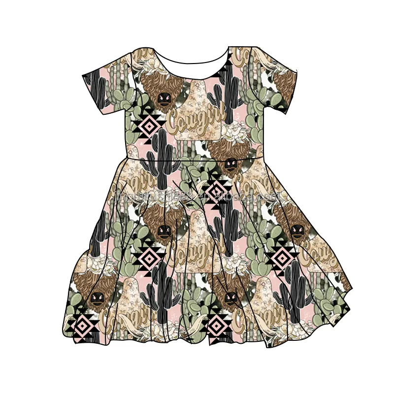 Individuelles Kindermädchen Kurzarm-Twirl-Kleid Highland Cowgirl bedruckte Boutique-Kleider