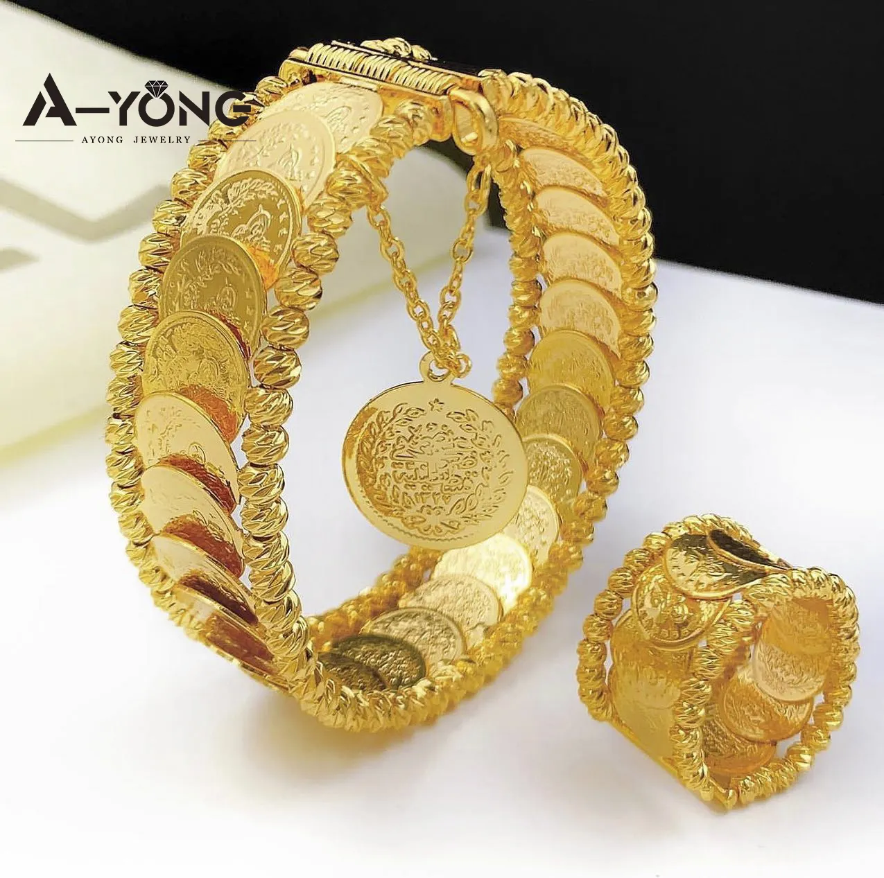 Ayong-conjunto de joyas ajustables para mujer, conjunto de joyas de moneda árabe, pulsera chapada en oro