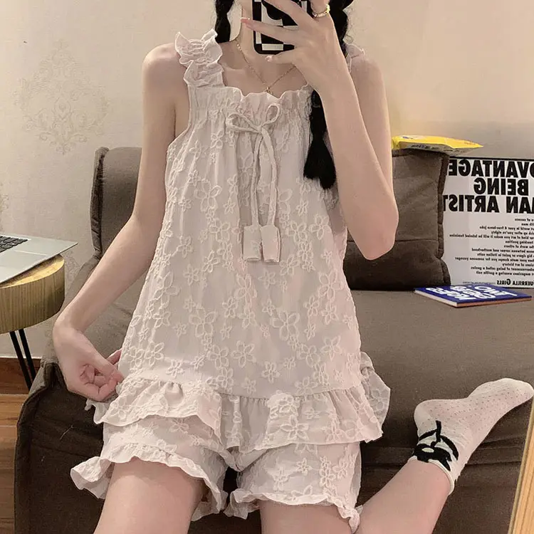 Summer Cotton Pajama Lady Pyjama Piyama Wanita Murah Baju Two Piece Sleep Wear Set Daster Shorts Women Sleeveless Sleepwear