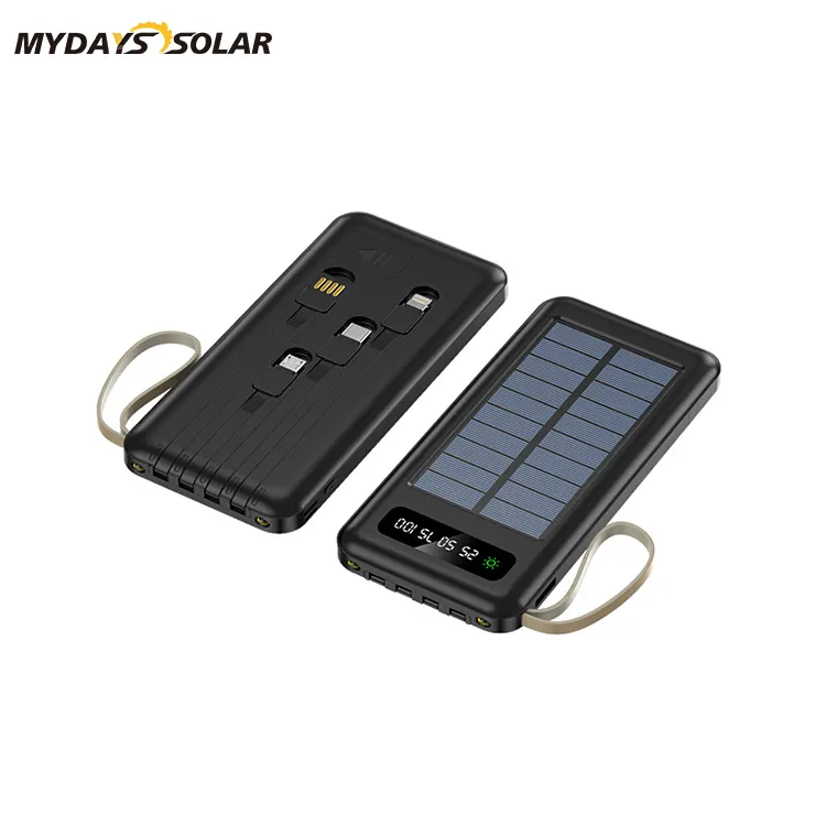 Mydays Tech Bank daya surya portabel 20000mAh 30000mAh 40000mAh, dengan 4 kabel LED, senter ganda, paket baterai eksternal